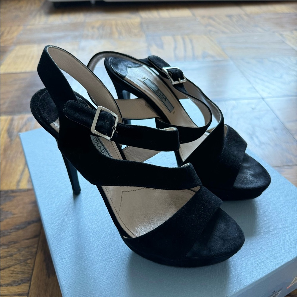 Prada suede strappy platform heels, black, size 5